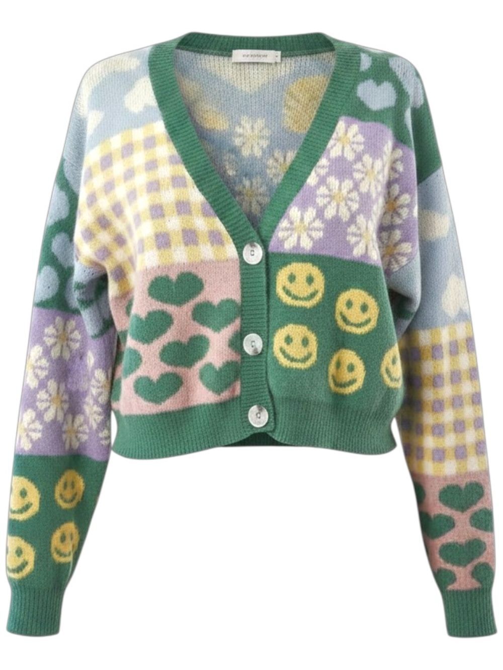 Patchwork Smiley Cardigan Sweater - Women's V-Neck- Large-EUC-$98 Retail